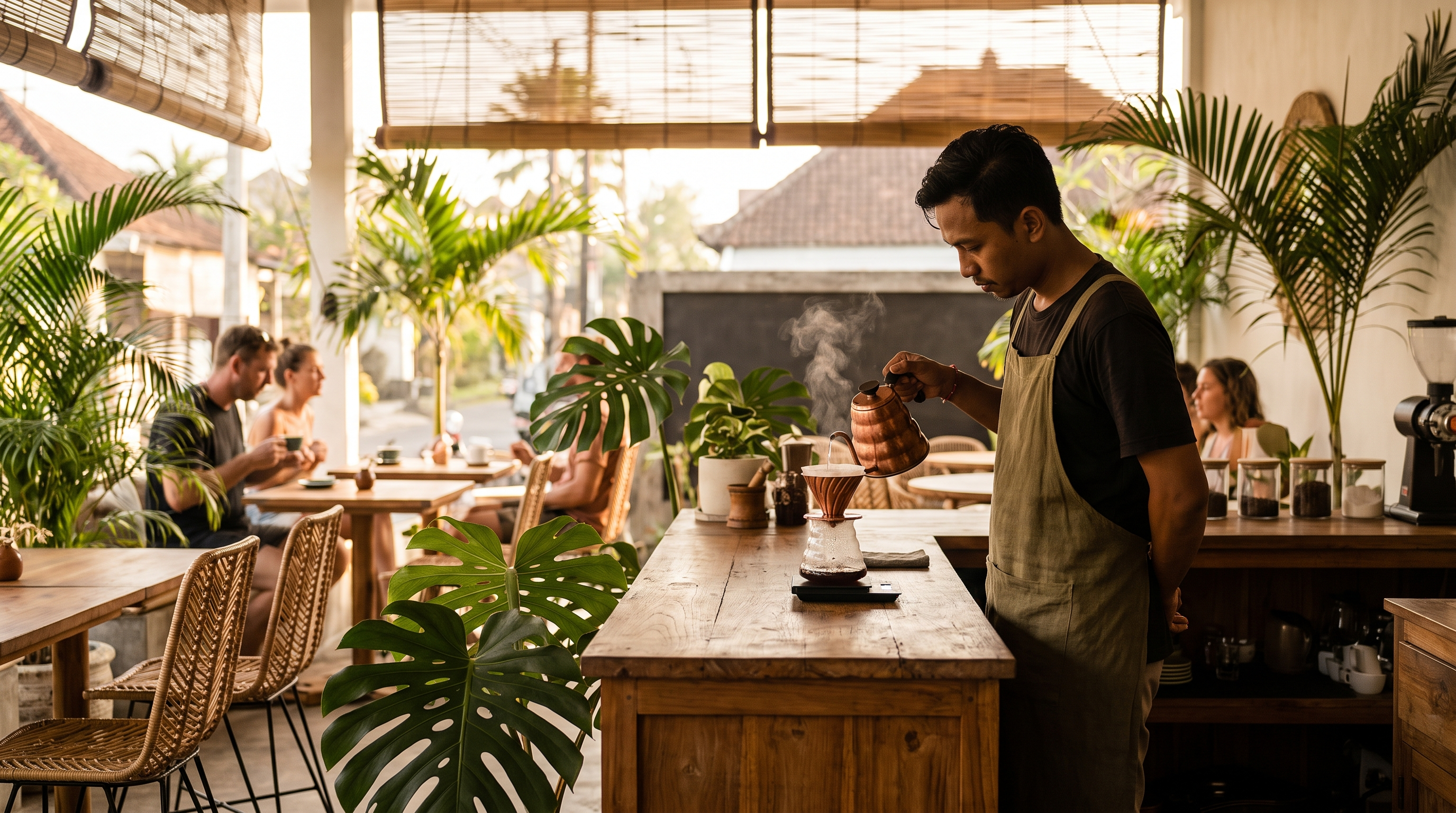 Barista pouring hot water over coffee grounds in a pour-over dripper