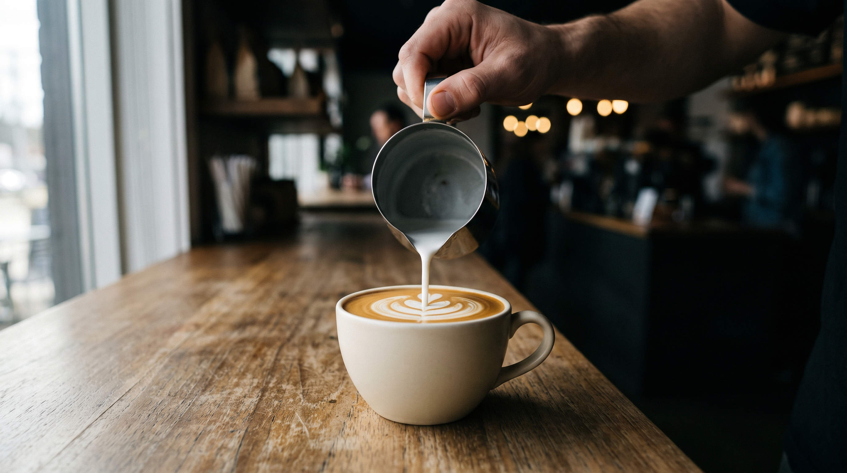 Latte art being poured into a ceramic cup